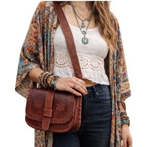 True Vintage 60's Hand Tooled Stitched Leather Crossbody Western Boho Saddle Bag